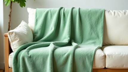 Soft sage green plush throw draped elegantly on a light cream colored couch