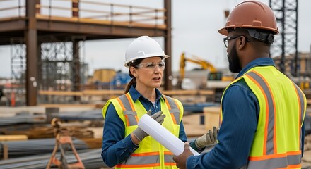 Two construction workers in hard hats and safety vests discussing blueprints at a site image