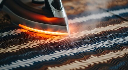 Close up of an iron ironing a patterned fabric with steam.