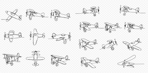 Collection of vintage airplane line drawings in various poses.