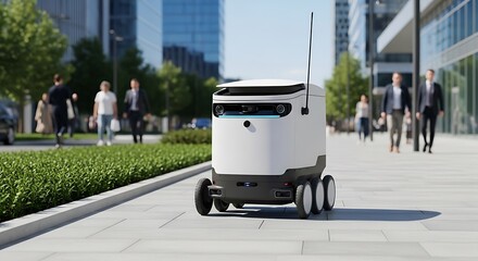 White autonomous delivery robot on sidewalk with blurred people and buildings urban
