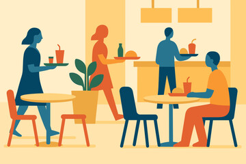 Court minimalist illustration abstract food geometric chairs vector carrying silhouettes trays