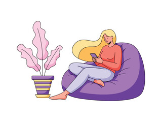 Obraz premium Cozy Indoor Lifestyle Concept: Woman Checking Social Media on Smartphone