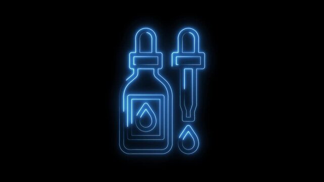 Animated neon style essential oil bottle and dropper icon on black background