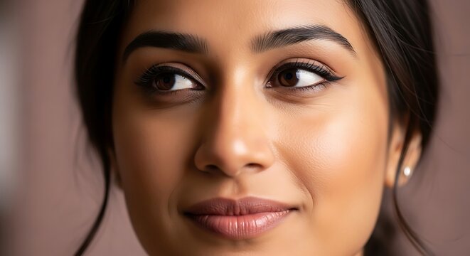 Close up portrait of a young Indian woman with expressive eyes and a gentle smile.