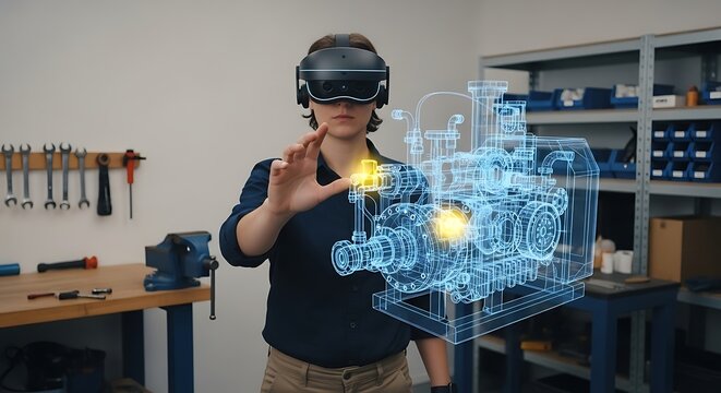 Woman wearing V R headset interacts with holographic engineering blueprint in workshop virtual reality