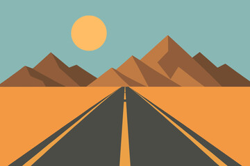 Minimalism geometric sun vector illustration flat circle road into mountains desert