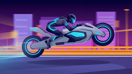 Futuristic Hoverbike Racer in Mid-Air on Neon Urban Track