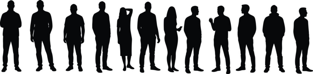 Silhouette people standing in line, diverse human postures, casual and business stances, group of men and women, body language concept, teamwork illustration design