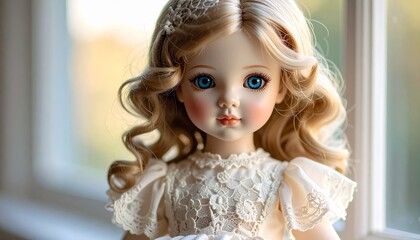 Beautiful vintage porcelain doll with big blue eyes and blonde hair.