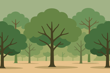 Placed minimalist muted vector oak trees evenly wide canopies flat forest illustration
