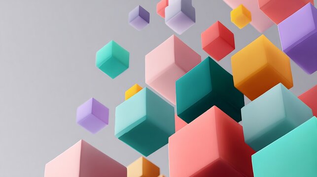Colorful 3D geometric cubes in a minimalist abstract background design.