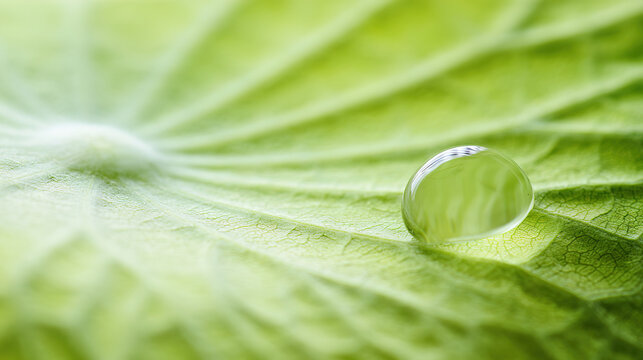 moisture. A single water droplet rolling across a large green lotus leaf. gardening catalogs, home-decor guides, designed for home decor and floral branding, enhances decor appeal. - Powered by Adobe