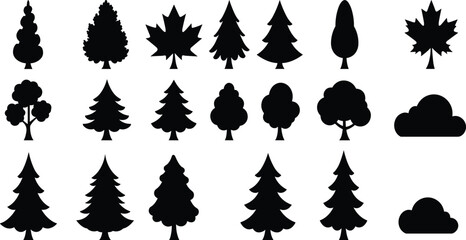 Black tree silhouettes, forest icons, nature clipart, woodland shapes, coniferous pine, deciduous oak, cloud silhouette, vector illustration, landscape design, 