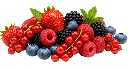 Assortment of Fresh Berries and Red Currants with Mint Leaves on Black Keywords: berries, fresh, fruit, strawberry, raspberry, blueberry, blackberry