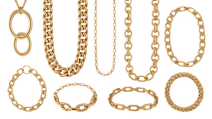 Luxurious gold and silver chain necklaces and bracelets collection elegant jewelry display isolated on transparent background