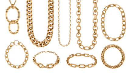 Luxurious gold and silver chain necklaces and bracelets collection elegant jewelry display isolated on transparent background