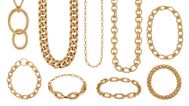 Luxurious gold and silver chain necklaces and bracelets collection elegant jewelry display isolated on transparent background
