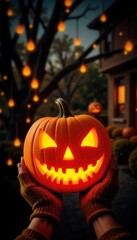 Fototapeta premium Warm Glowing Pumpkin with Halloween Decorations at Dusk