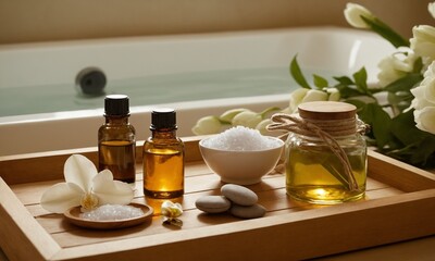 Luxurious spa day awaits with essential oils, bath salts, and soothing stones for ultimate relaxation and well-being in a serene, tranquil setting