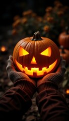 Obraz premium Close-Up of a Carved Pumpkin with Glowing Eyes and Mouth Displayed