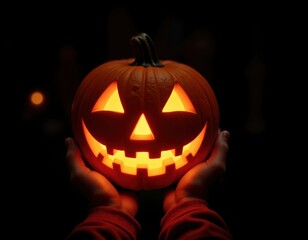 Fototapeta premium Carved Jack-o'-Lantern with Glowing Face for Halloween Celebration