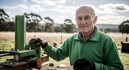 Senior man working with a log splitter on a farm, showcasing rural lifestyle and outdoor activities in a natural setting