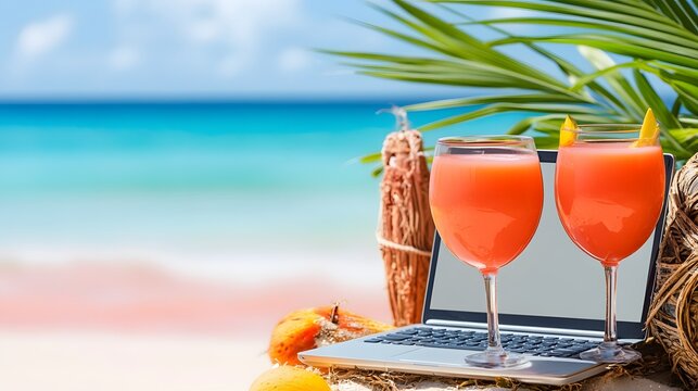 Beach laptop with tropical cocktail summer digital nomad lifestyle