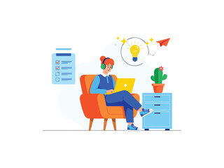 Woman in headphones working remotely on creative project