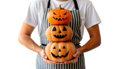 a person wearing a striped apron and white t-shirt holding pumpkins
