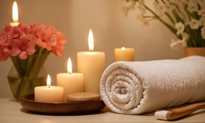 Serene spa ambiance with glowing candles, fresh flowers, and rolled white towel creating a peaceful, relaxing retreat for ultimate rejuvenation.