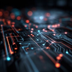 Digital Circuit Board Background with Glowing Lines and Data Points, Representing Futuristic Technology and Network Connectivity.