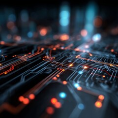 Digital technology background showing abstract glowing lines and dots on a circuit board, symbolizing data flow, network connections, and AI concepts.