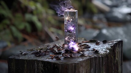 Mysterious clear block emanating vibrant purple energy and sparks on a wet wooden stump outdoors