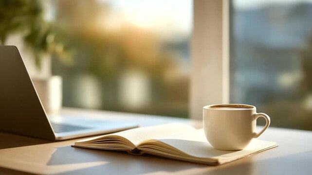 A clean desk with a laptop, planner, and coffee mug under bright natural light, representing productivity concept, workplace efficiency, minimalism in workflow, and focus on goal-oriented