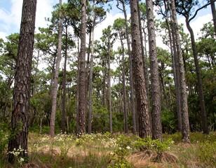 Naklejka premium Tall pine trees in a dense forest