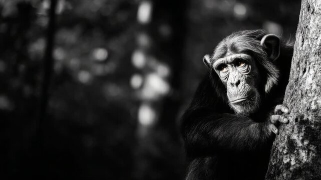 Chimpanzee resting against a tree trunk in monochrome photography