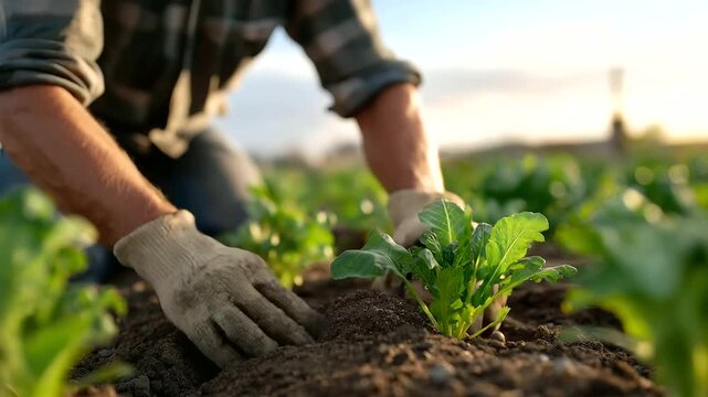 Sustainable farming comes alive when gloved hands harvest vegetables from rich soil, emphasizing organic agriculture, rural traditions, and the human connection to nature. three-quarter wide angle,