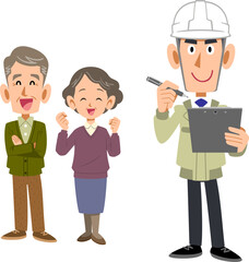 シニア夫婦とバインダーとペンを持つ作業着の男性
