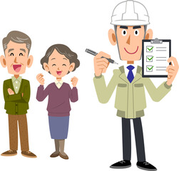 シニア夫婦とチェックリストを掲げる作業着の男性
