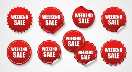 Vibrant red weekend sale sticker variations for promotional advertising needs