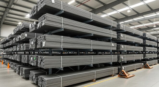 Industrial storage facility showcasing massive quantities of dark metal profiles neatly stacked on high racks