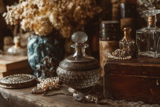 Antique perfume bottles and trinkets