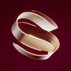 Abstract glowing golden S-shape ribbon with neon light edges. Modern elegant metallic design element on a dark red background.