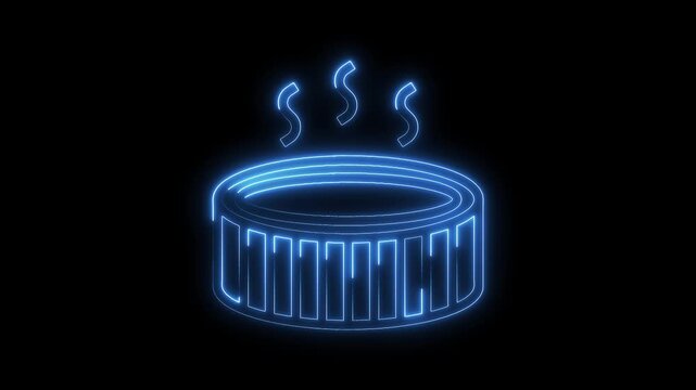 Neon hot tub outline with steam design relaxation and spa concept on black background
