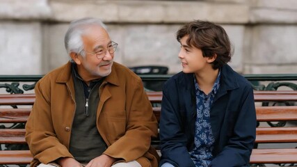 An elderly man and a young boy share a warm smile on a park bench, capturing the bond between generations and the joy of familial connections and shared experiences.