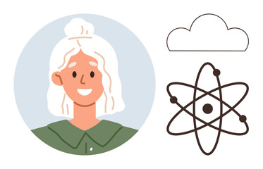 Smiling woman inside a circle, an atom with orbiting electrons, and a cloud outline. Ideal for education, innovation, knowledge, science, teamwork inspiration and creativity themes. Simple flat