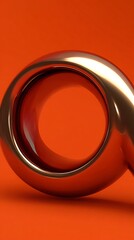 Abstract shiny golden bronze tubular shape against a vibrant orange backdrop, creating a modern and fluid design.