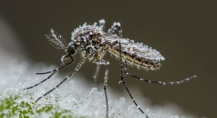 Frozen Mosquito Covered in Ice Crystals Macro Photography of Insect in Winter Frost