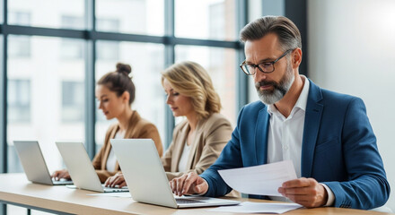 Focused businessman analyzing documents with colleagues working on laptops in modern office space